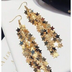 Gold Star Strands Dangle Earrings 3" Stars Party
